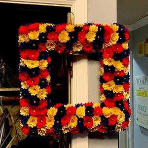 Red, white, and blue wooden flower wreath!
